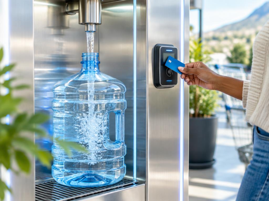 Customer paying by bank card while filling a large water bottle
